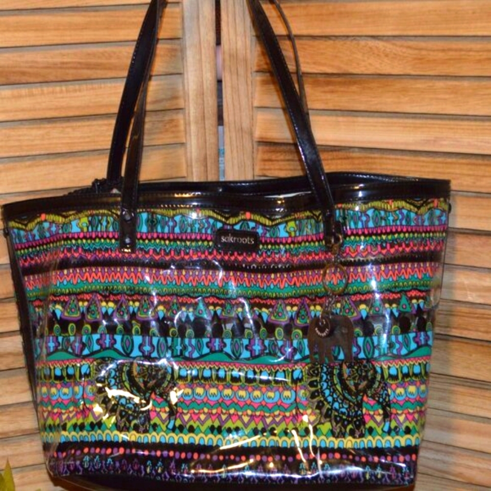 Sakroots PVC Large Tote Elephant Charm Colorful Geometric Pattern + Cosmetic Bag
